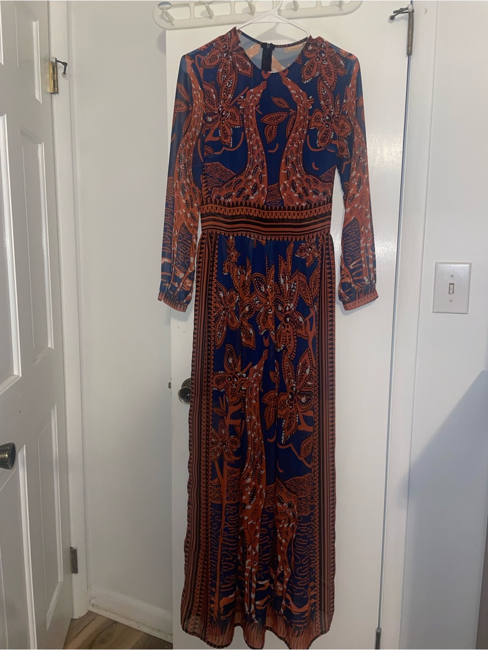 Long Sleeve Navy and Rust Floral Maxi Dress